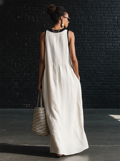 Robe longue sans manches col en V à imprimé bohème noir et blanc