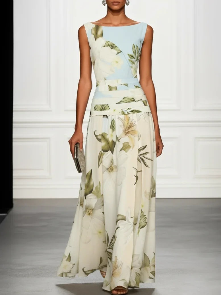 Robe longue vintage style color block à imprimé floral lys