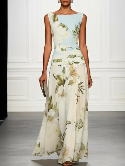 Robe longue vintage style color block à imprimé floral lys