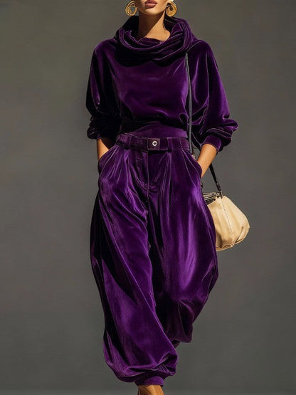 Vintage brown velvet hoodie and wide-leg trousers (belt included)