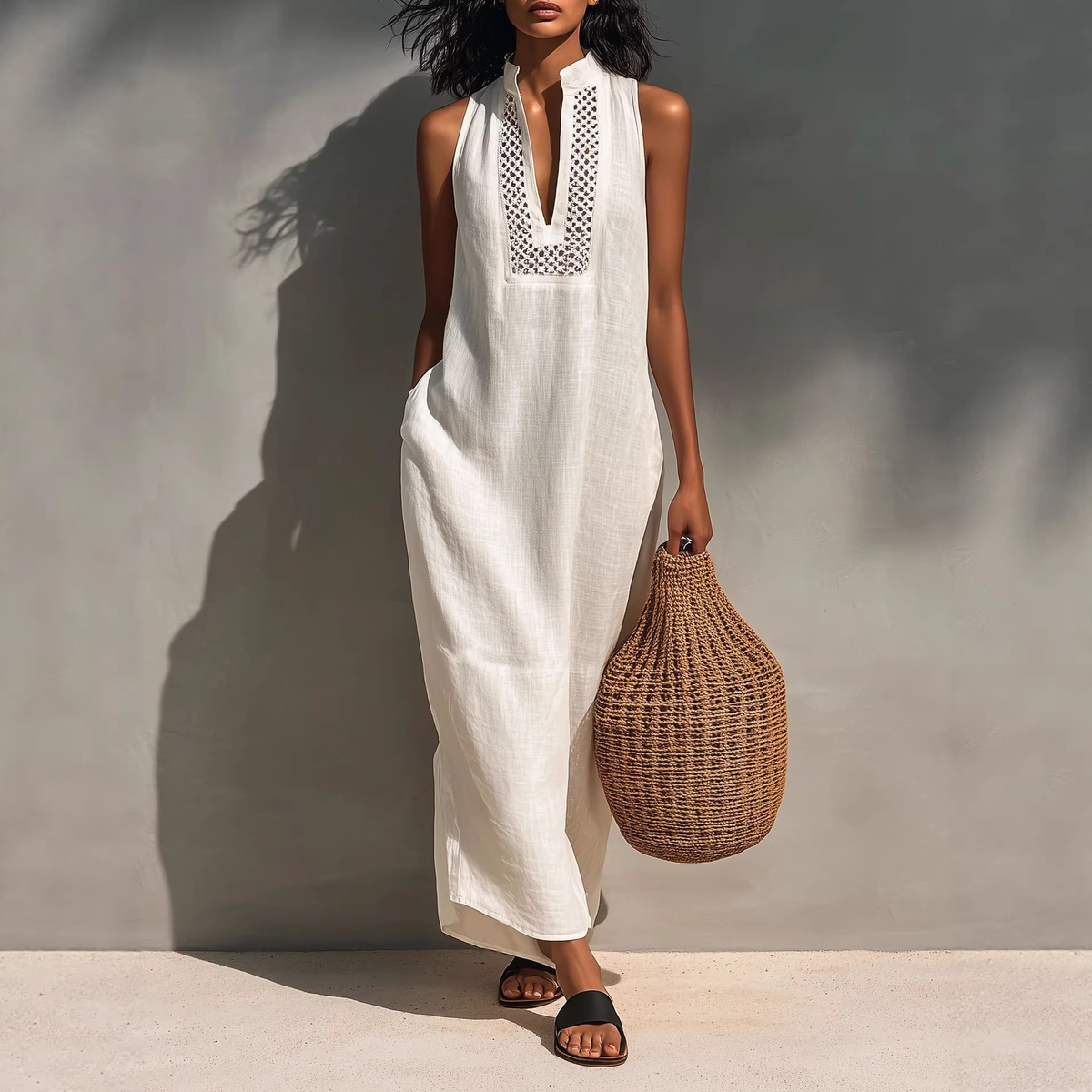 Robe longue minimaliste en lin à col licou | Sans manches, parfaite du bureau aux vacances