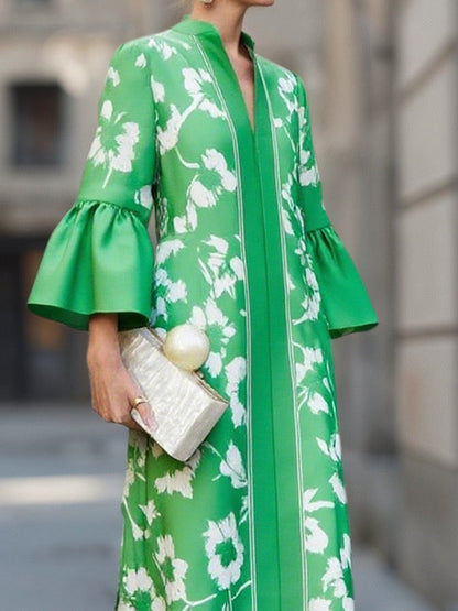 Robes longues à col V, à manches évasées, coupe ample, à imprimé floral, plissées, avec poches et fentes latérales