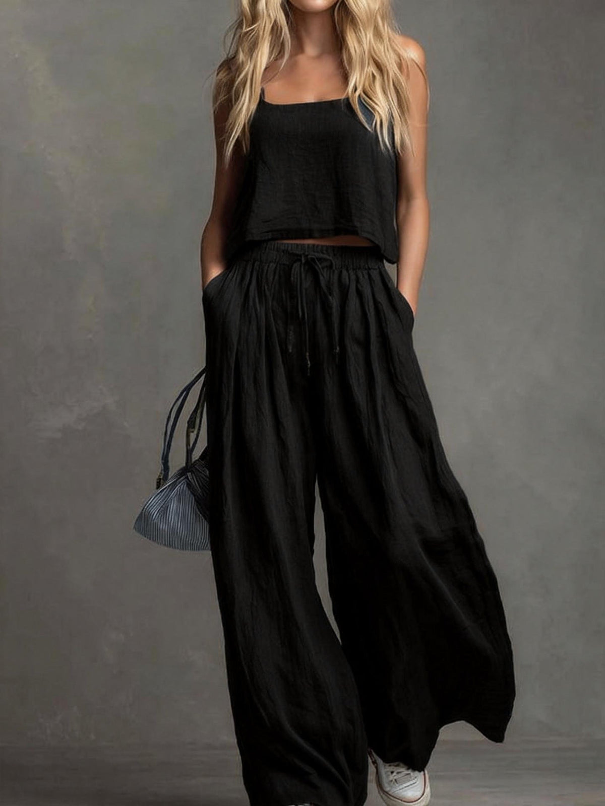 Ensemble pantalon large et haut à bretelles en coton et lin décontracté de couleur unie