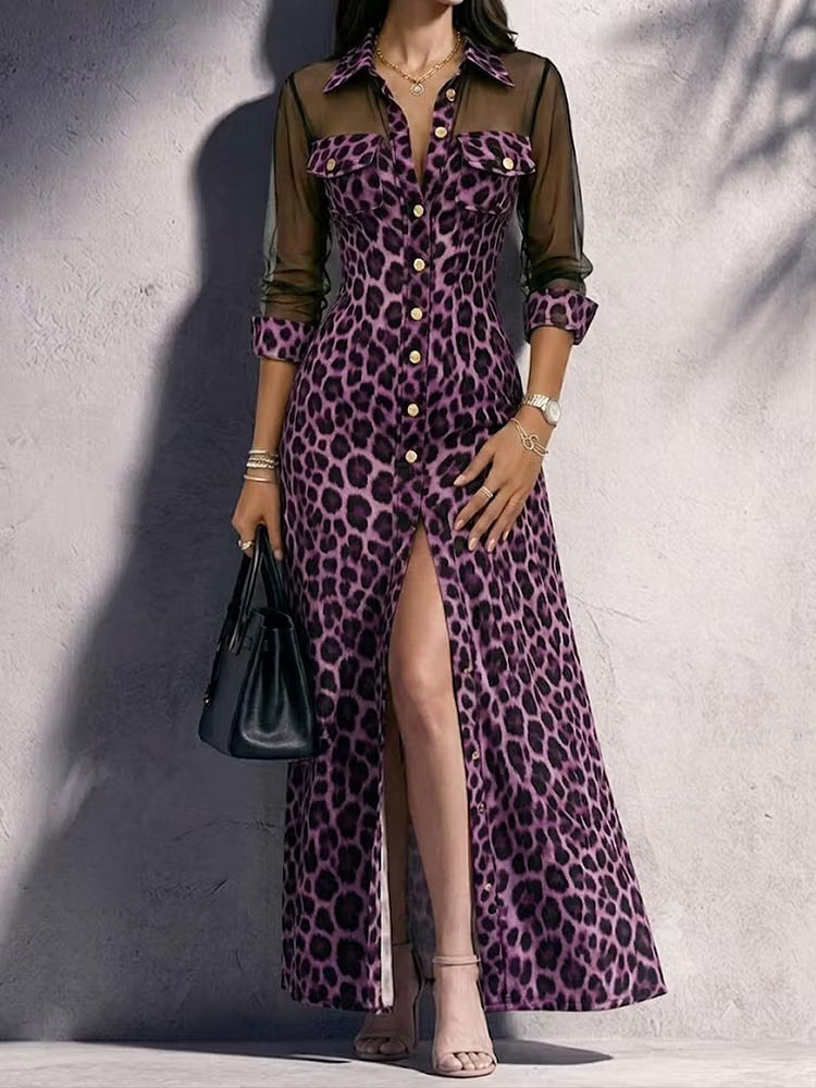 Robe longue chemise en maille imprimé léopard à manches