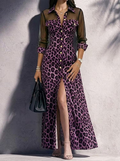 Robe longue chemise en maille imprimé léopard à manches