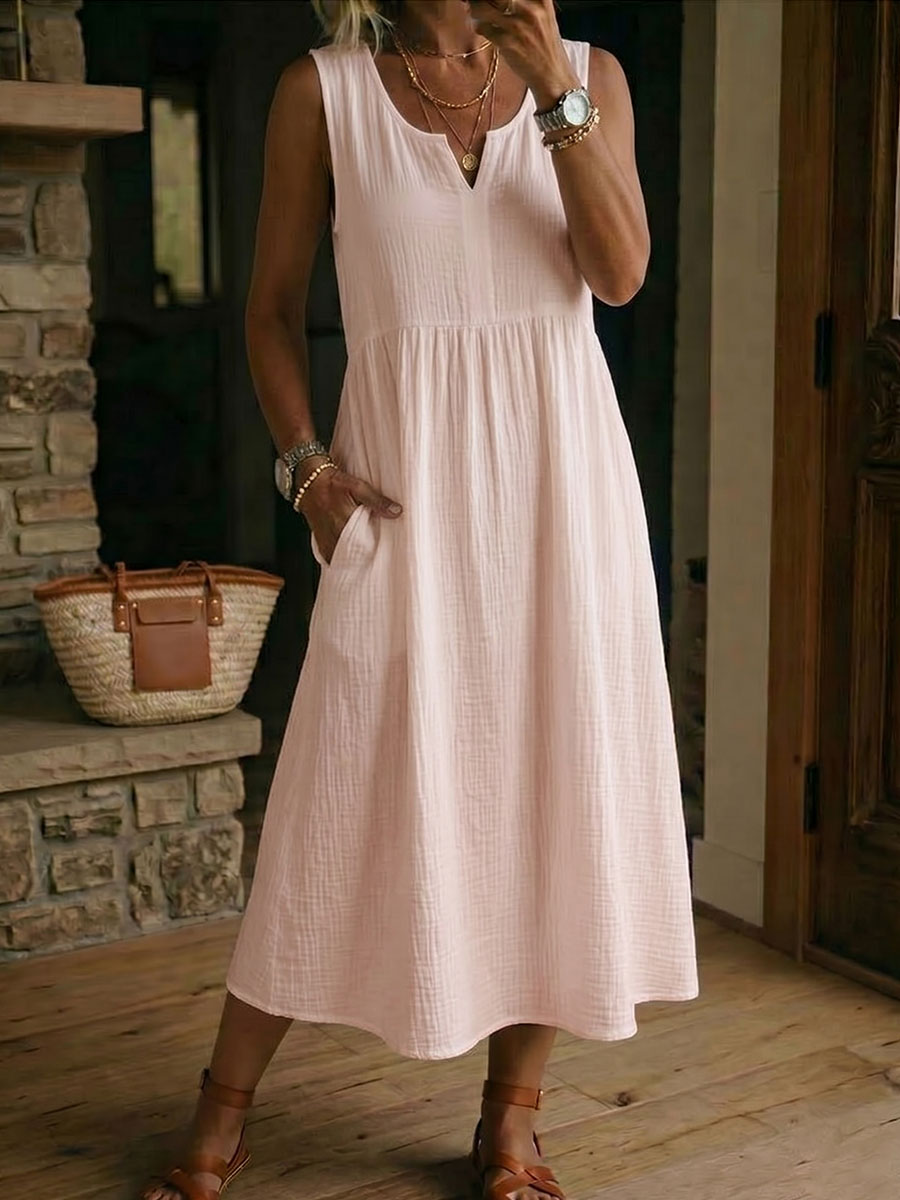 Robe Femme Sans Manches en Coton et Lin à Col en V