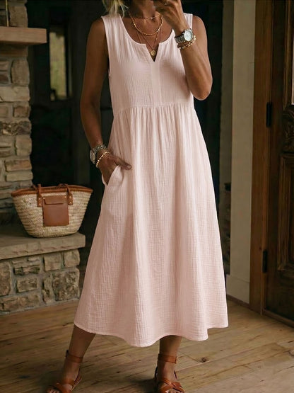 Robe Femme Sans Manches en Coton et Lin à Col en V