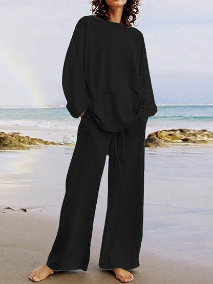 Ensemble deux pièces : haut chemise ample à manches longues et col rond de couleur unie + pantalon taille avec cordon de serrage