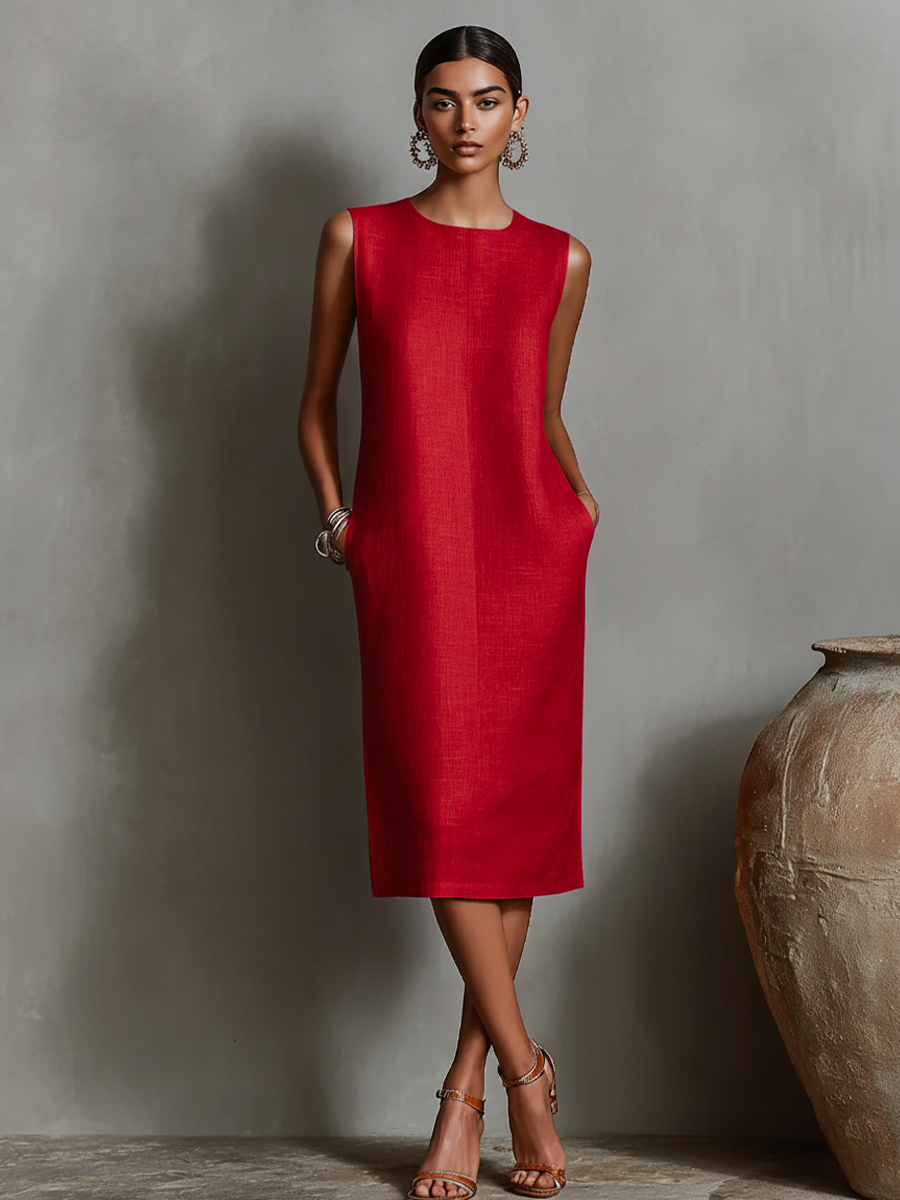 Robe chemise en lin orange pour femme avec encolure ronde sans manches et poches latérales, une robe au style intemporel, minimaliste et élégant