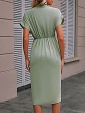 Robe midi décontractée pour femme, froncée, style streetwear, col V basique, manches courtes, disponible en noir, rose et vert foncé.