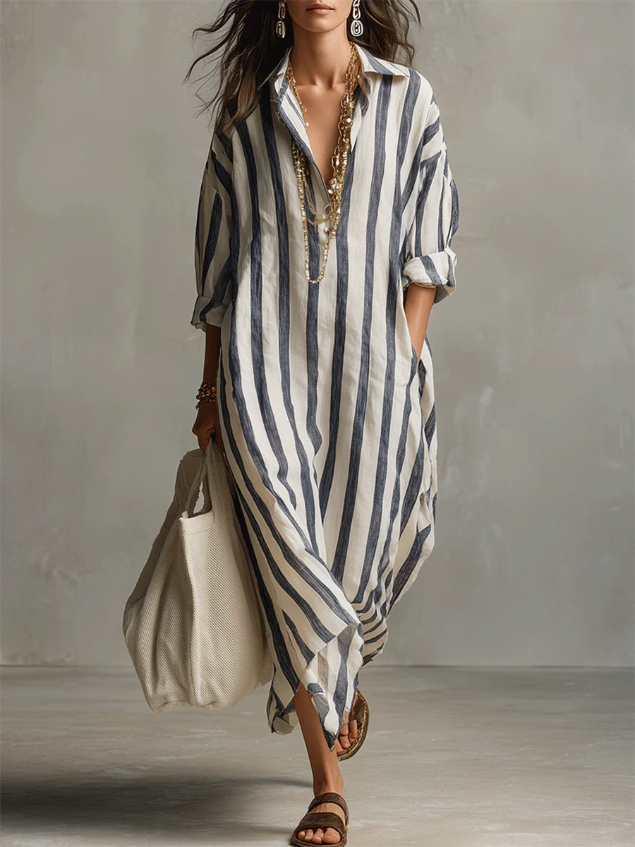 Robe rayée en lin et coton décontractée et confortable