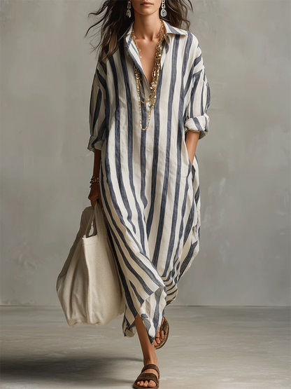 Robe rayée en lin et coton décontractée et confortable