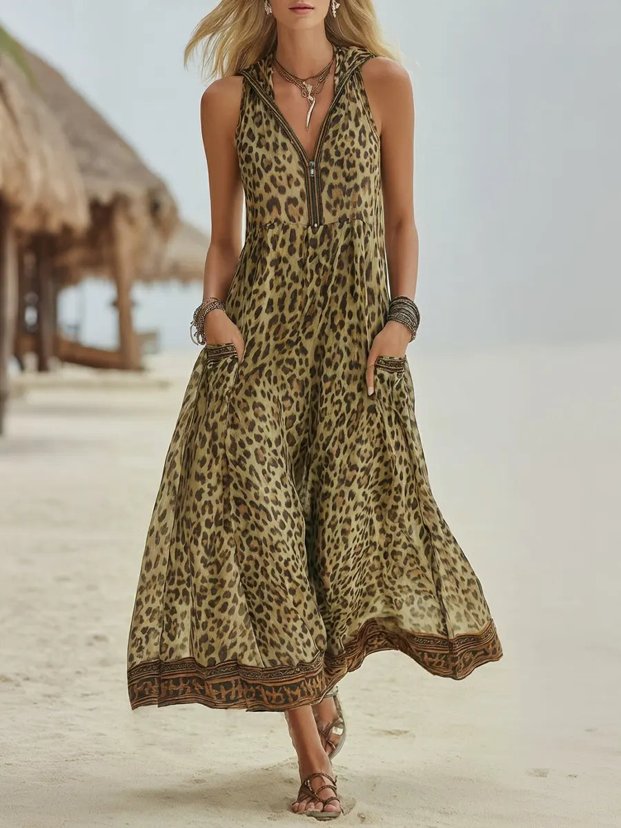 Robe mi-longue à capuche imprimé léopard vert style rétro décontracté pour femme