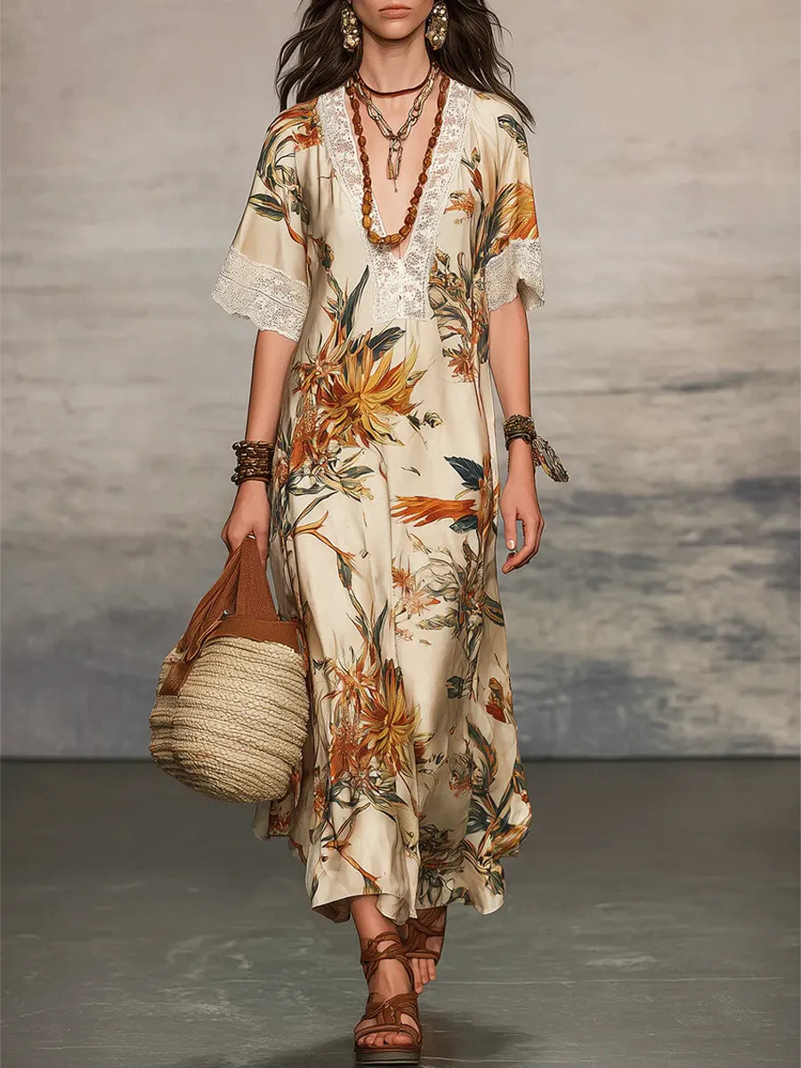 Robe décontractée chic à manches courtes et motif floral rétro pour femme