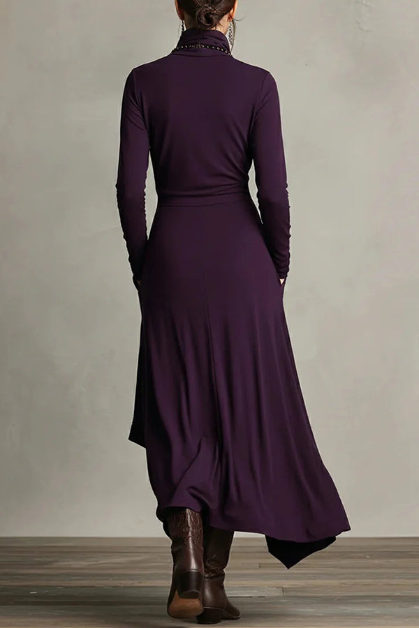 Robe longue décontractée unie à col montant, manches longues et ourlet asymétrique