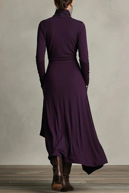 Robe longue décontractée unie à col montant, manches longues et ourlet asymétrique