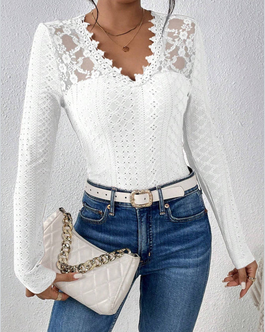 Lace Panel V-neck Long Sleeve Top