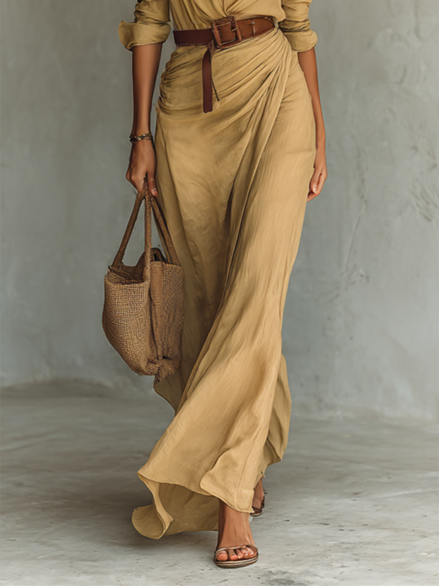 Maxi-robe femme à revers, simple boutonnage, manches longues, fournie avec ceinture