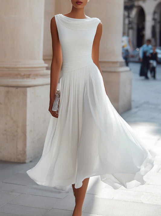 Robe décontractée sans manches ample coupe trapèze de couleur unie à col rond pour femme