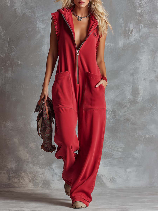 Raspberry red cotton jumpsuit, with a hooded V-neck, front zipper, sporty style and retro fashion