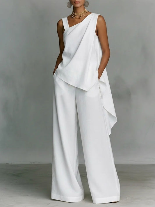 Ensemble de costume asymétrique blanc en coton-lin de style haut de gamme minimaliste pour femme