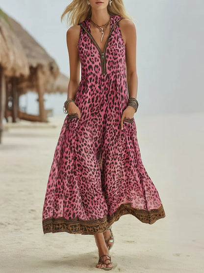 Robe mi-longue à capuche imprimé léopard vert style rétro décontracté pour femme