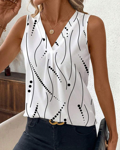 Gilet plissé sans manches à imprimé, col en V