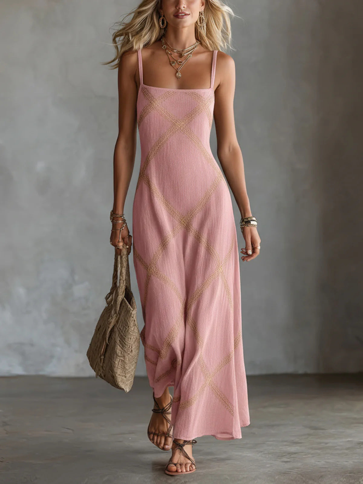 Robe longue fluide à encolure carrée et motif en losanges – Robe longue d'été bohème à fines bretelles