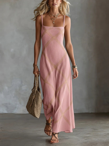 Robe longue fluide à encolure carrée et motif en losanges – Robe longue d'été bohème à fines bretelles