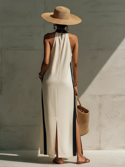 Robe longue licou à liseré contrastant
