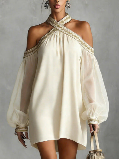 Robe tunique ample à manches longues transparente, avec broderies