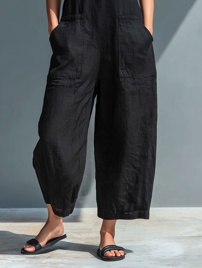 Combinaison sans manches ample boutonnée à col montant en mélange de lin minimaliste pour femme