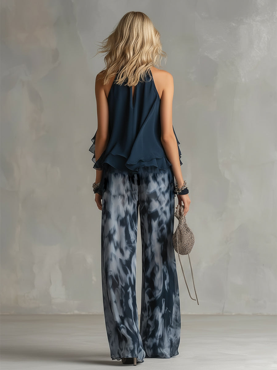 Muslin Set: Urban Chic Navy Halter Top with Wide-Leg Printed Pants