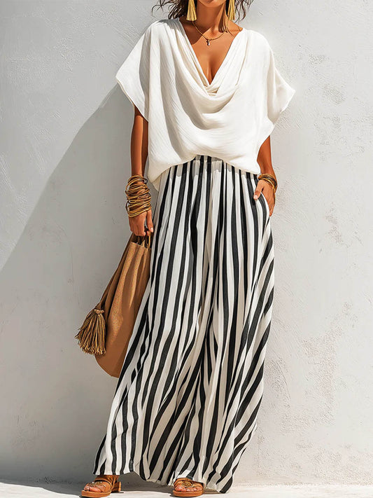 Ensemble féminin : Haut ample en coton et lin à col bénitier et manches courtes, et pantalon large en coton et lin rayé à taille élastique
