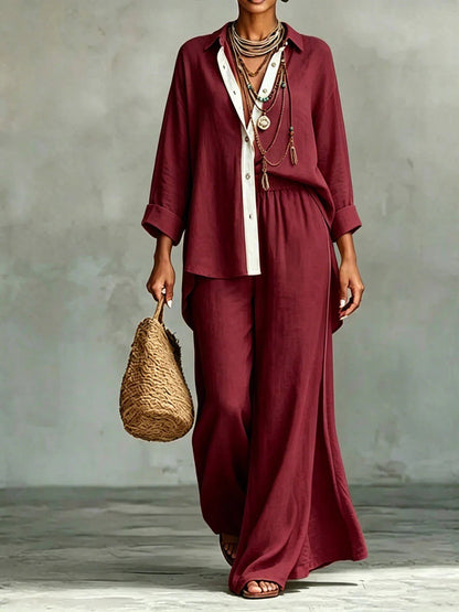 Ensemble 2 pièces chemise en lin et pantalon large à liseré contrastant
