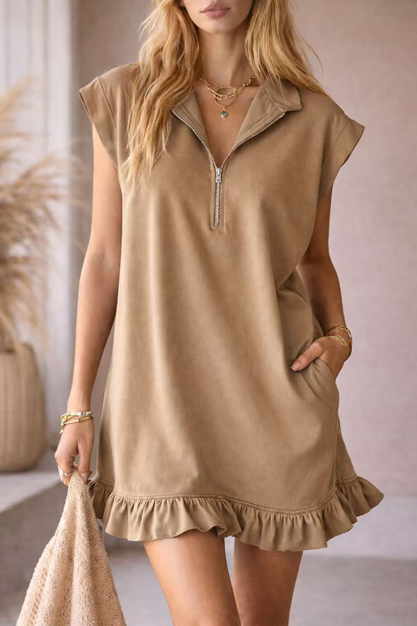 Mini-robe décontractée sans manches, coupe ample, à volants, unie, avec poches