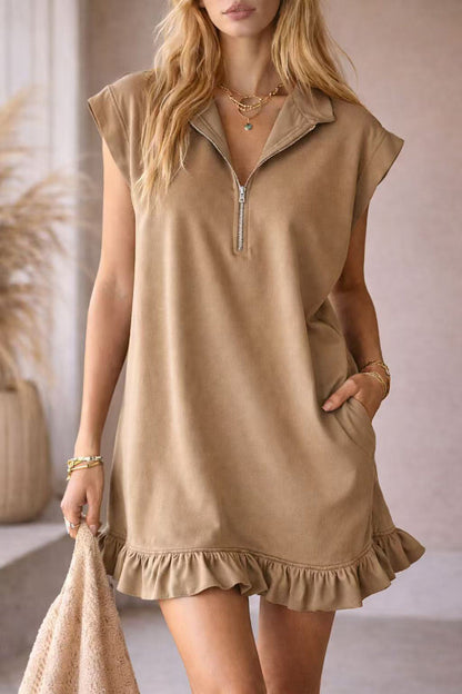 Mini-robe décontractée sans manches, coupe ample, à volants, unie, avec poches