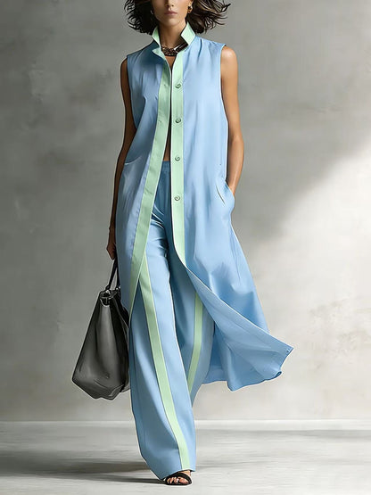Ensemble Tunique sans Manches Contraste et Pantalon Large Jambe Sophistication Moderne, Style Ajusté Sans Effort