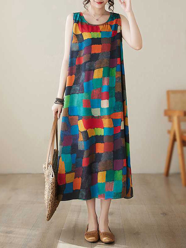 Robes midi à col rond, sans manches amples, à carreaux multicolores contrastés