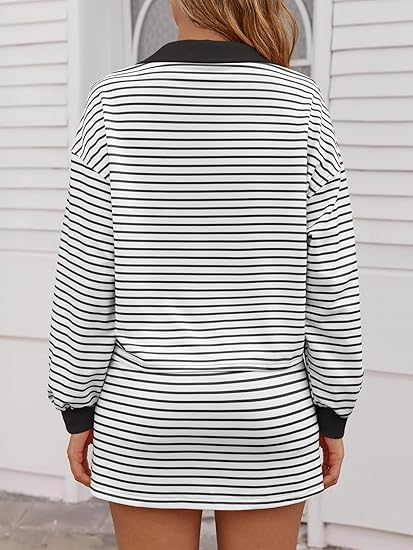 Ensemble décontracté deux pièces pour femme, sweat-shirt et jupe rayés