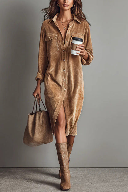 Robe chemise midi décontractée unie, à boutonnage simple, avec poches
