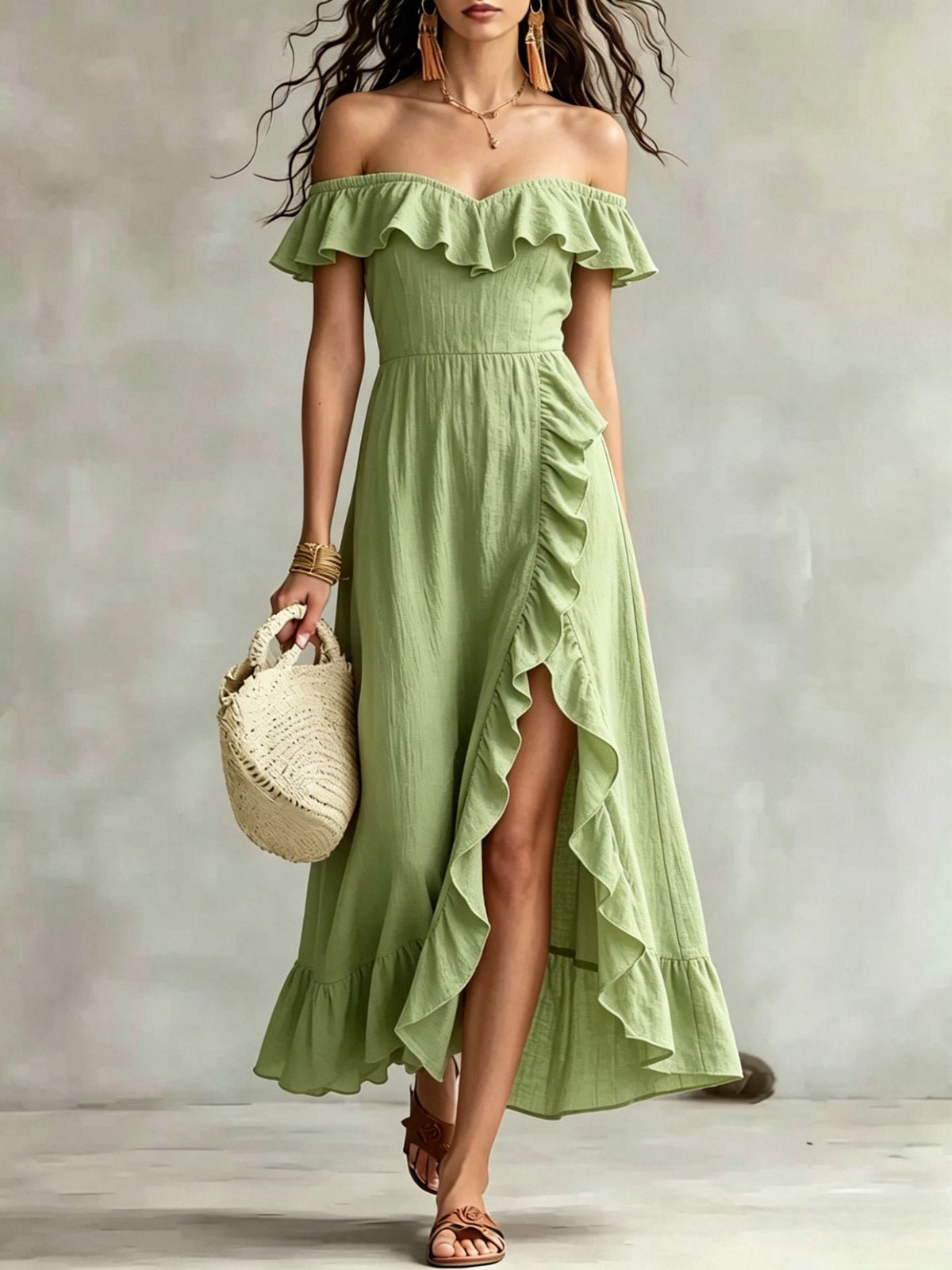 Robe longue fluide d'été en coton à épaules dénudées, à volants et froncée pour femme