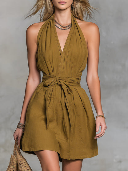 Robe décontractée pour femme avec col licou, col en V et taille nouée, idéale pour les vacances