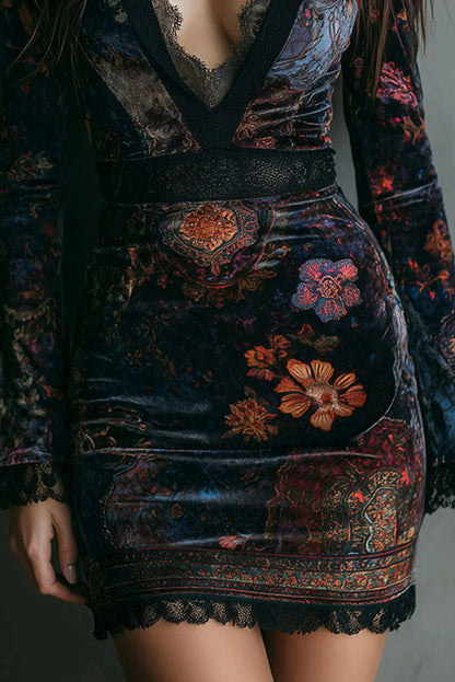 Elegant floral print velvet mini dress, V-neck, long sleeves, fitted