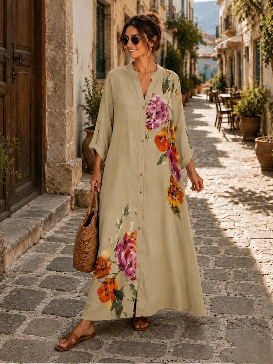 Robe longue boutonnée en lin à imprimé floral