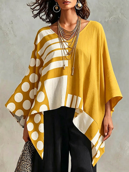 Haut ample décontracté en coton et lin à pois et imprimé géométrique, col en V et manches 3/4 pour femme