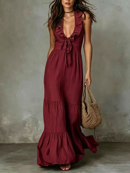 Robe longue décontractée ample à volants et col en V sans manches