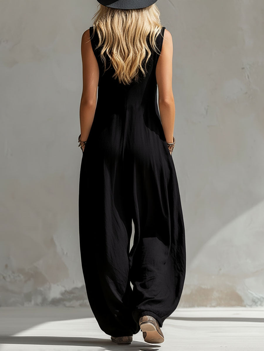 Sleeveless V-neck jumpsuit, solid color, wide leg, with buttons and pockets