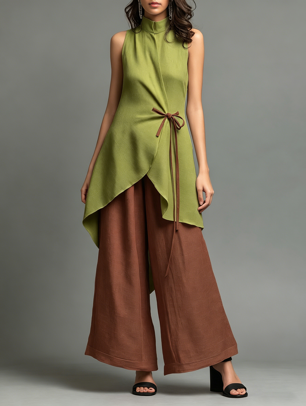 Ensemble top sans manches à col montant color block avec laçage + pantalon taille haute coupe large en coton et lin
