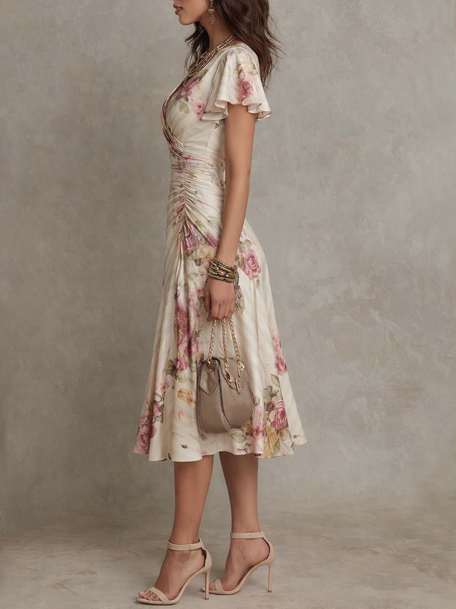 Robe midi en mousseline fleurie, style vintage élégant